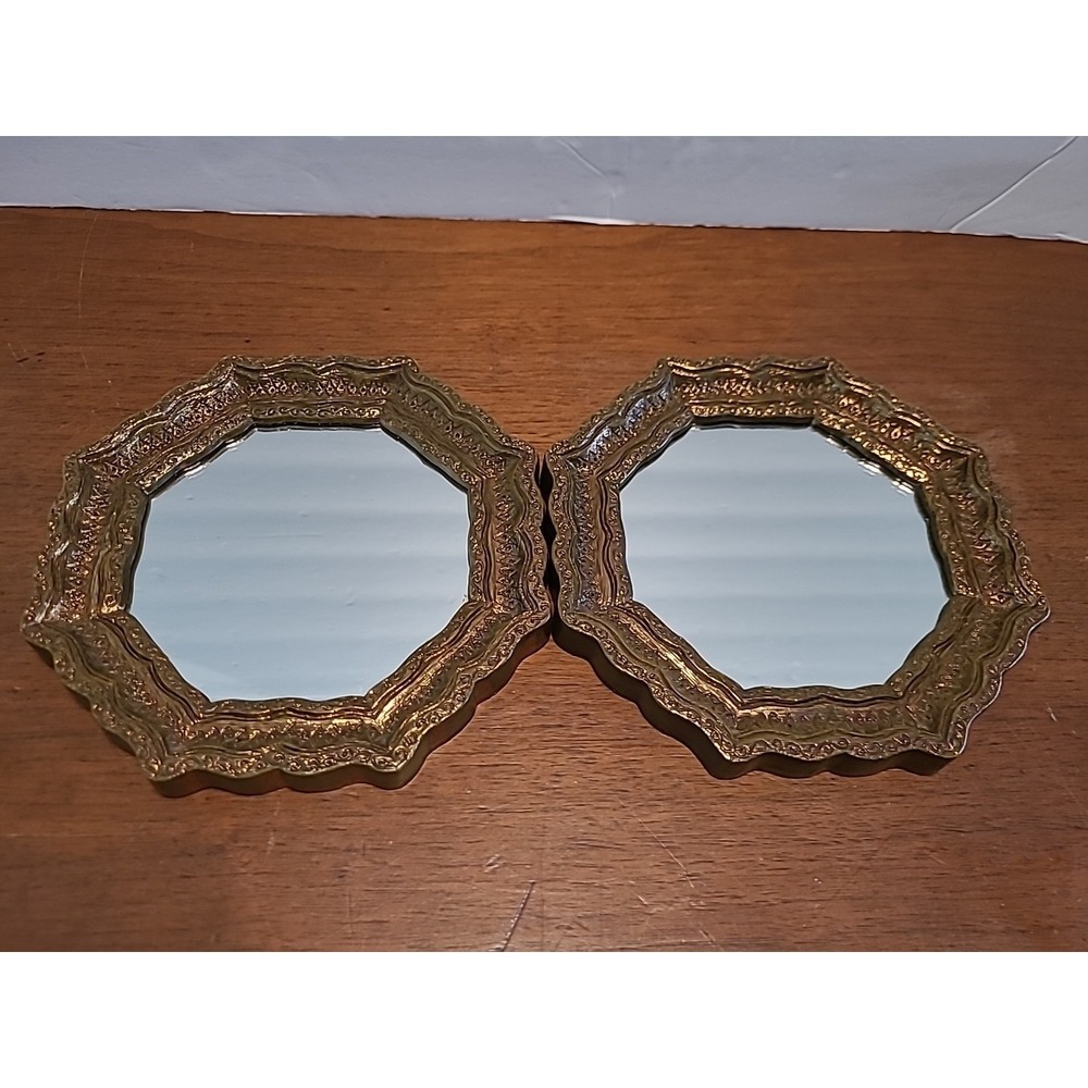 VTG 2 Burwood GoldTone Octagon Mirrors Wall Hanging MCM Hollywood Regency 6 1/2"